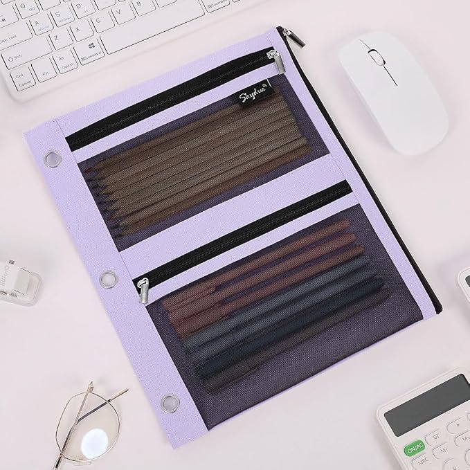 SKYDUE Pencil Pouch for 3 Ring Binder, 3 Pockets and Mesh Window | Zipper Pencil Pouch Pencil Bag with 3 Reinforced Grommets, Durable Organizer for School Supplies, Cables, Earbuds, Makeup