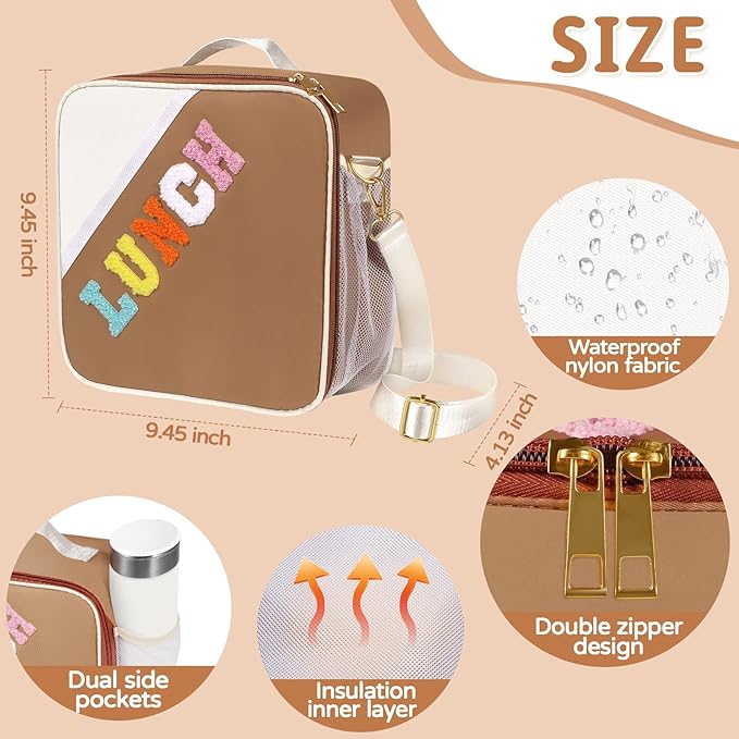 Nsrzua Lunch Bag Kids,Insulated Lunch Bag With Adjustable Shoulder Strap,Reusable Lunch Bag for Kids, Girls,Boys, lunch Bag Women,Preppy Lunch Box for School,Travel, Picnic (brown)