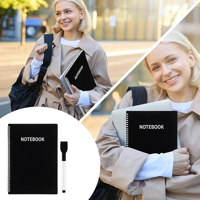 Feifeiya White Board Dry Erase Notebook A4 Size White Board Dry Erase Environmentally Portable Reusable Notebook for Study, Meeting, Planning, Black