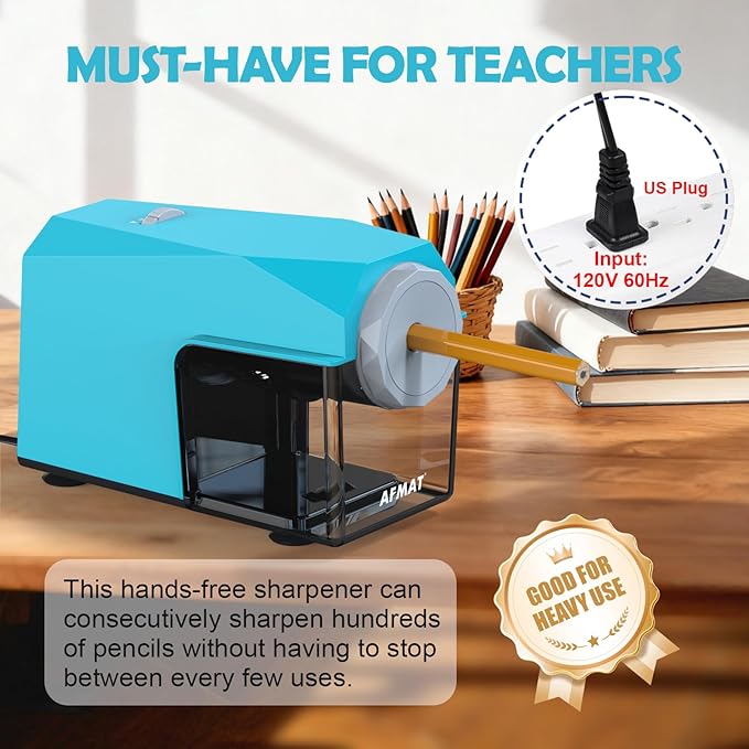 AFMAT Electric Pencil Sharpener, Fast & Hands-Free, 10K+ Uses, 5 Nibs, Fully Automatic Pencil Sharpener for Classroom, Heavy Duty Sharpeners for No.2/Jumbo/Colored Pencils (φ6.5-10.5mm) US Plug(120V)