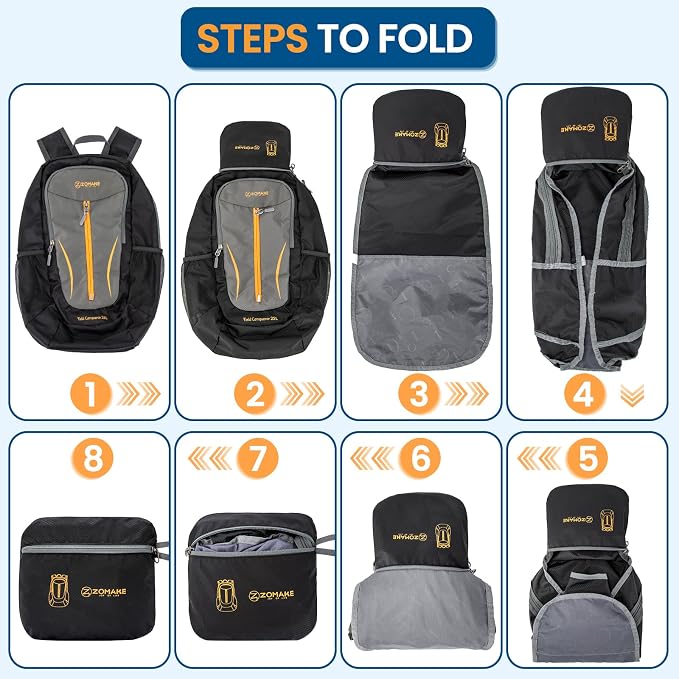 ZOMAKE Lightweight Packable Backpack 25L, Foldable Hiking Daypack | Water Resistant Small Folding Backpacks for Travel, Everyday Carry, Multi-Pocket Layout, Breathable Shoulder Strap