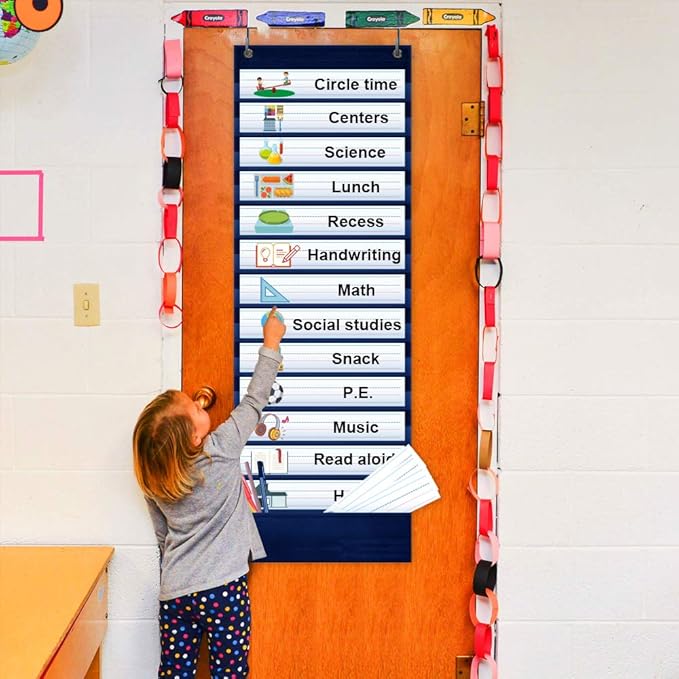 AKAYOK -13+1 Pocket Daily Schedule Pocket Chart, Ultra-Durable Visual Schedule for Kids -Pocket Chart for Classroom Office Home -Reusable Daily Schedule for Kids -Reversible Chart for Sentence Strips