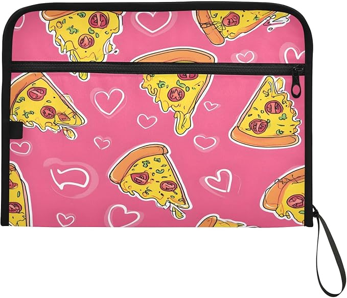 Pizza Pink Love Pattern 13 Pocket File Organizer Expanding File Folder with Front Pouch Portable Business File Storage Document Organizer Folder with Zipper