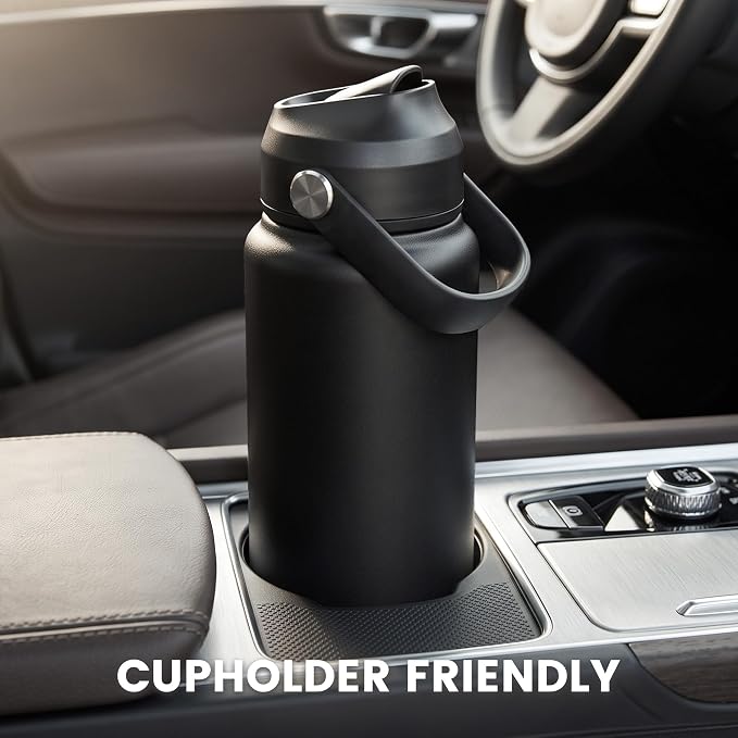 Fijinhom 18 oz Insulated Water Bottle with Straw Lid, Stainless Steel Water Bottles, Double Wall Vacuum, Portable Handle & Non-slip Bottom, BPA Free Leak Proof Metal Bottles (Black+Dark Blue, 2pack)
