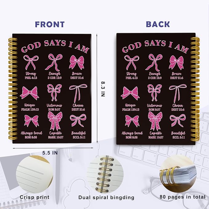 THDSE Bible Journal for Women, Christian Prayer Journal Notebook Gifts for Teen Girls Kids, Bible Study Supplies, Cute Bows Church Faith Journaling Hardcover Spiral Notebook 5.5 X 8.3(Black Pink)