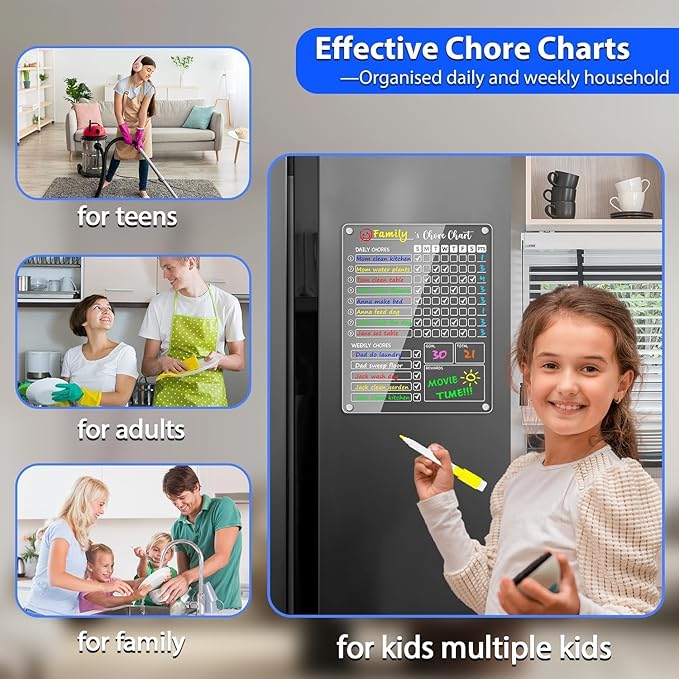 PigPotParty Acrylic Magnetic Chore Chart for Kids, 2 Pack 12 x 9.5 Inch Reward Chart for Multiple Kids and Teens, Dry Erase Chore Board for Fridge, Embedded Magnets, 8 Wet Erase Markers and 1 Towel