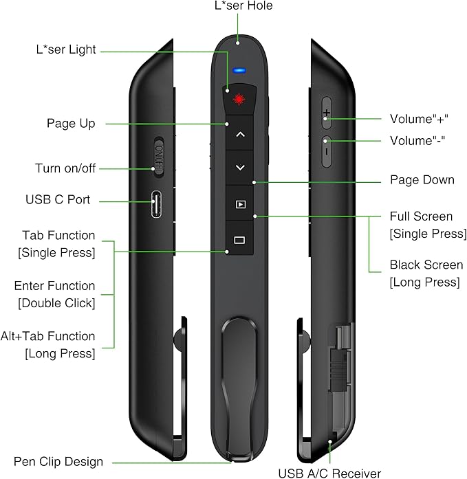 Green Light Clicker for Teachers–USB-C Rechargeable Presentation Clicker, Plug & Play Wireless Remote for PowerPoint/Keynote/Google Slides on Mac, Windows & Laptop, with Hyperlink & Volume Control