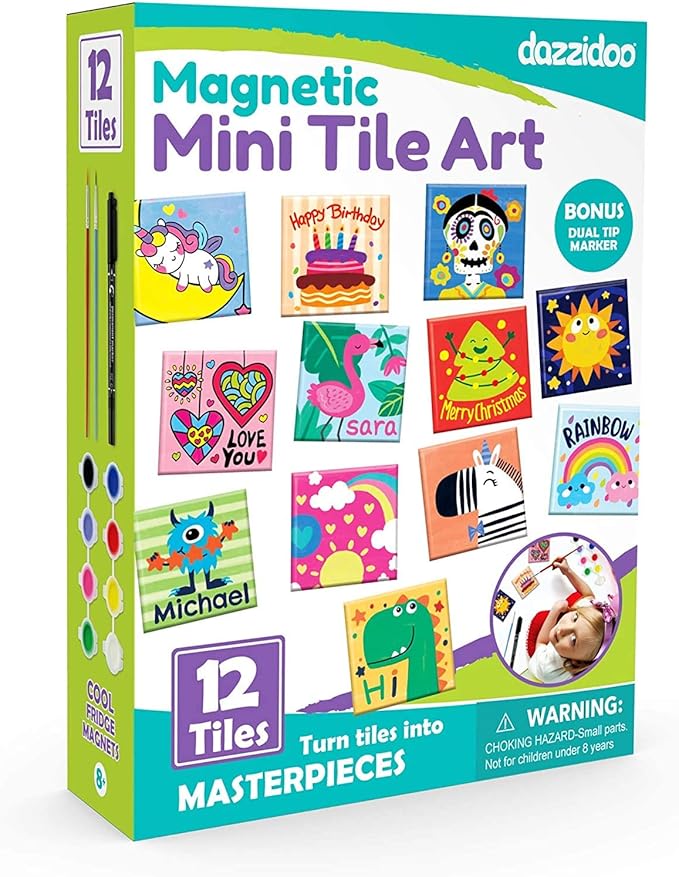Magnetic Mini Tile Art - DIY Craft Kit; Design and Paint Magnet Tiles - Kids Paint Arts & Crafts Project; Includes 12 Tile Magnets, 8 Paint Colors, 2 Brushes and Marker; Fun Ceramic Tile Painting Kit