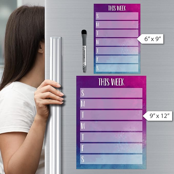 Dry Erase Weekly Calendar Planner Sticker Decal | Removable & Reusable | Magnetic Fine-Tip Marker Included (6 x 9 inches, Watercolor)