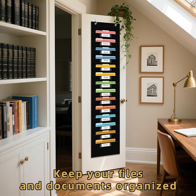 ANCOMEDO 14 Pocket Hanging File Organizer with 14 Nametag Pockets. Black File Storage Pocket Chart for Classroom or Office Use. Perfectly Organizes Assignments, Files, Scrapbooks, and Documents.