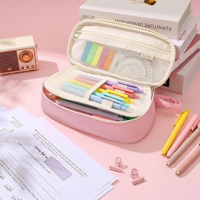 SUNEE Cute Pencil Case, Kawaii Big Capacity Pencil Pouch, Personalized Initial Pencil Bag with Zipper, Stationery Storage and Organizer, Back to School Supplies, Pen Box for Girls & Boys, Teen, L-Pink