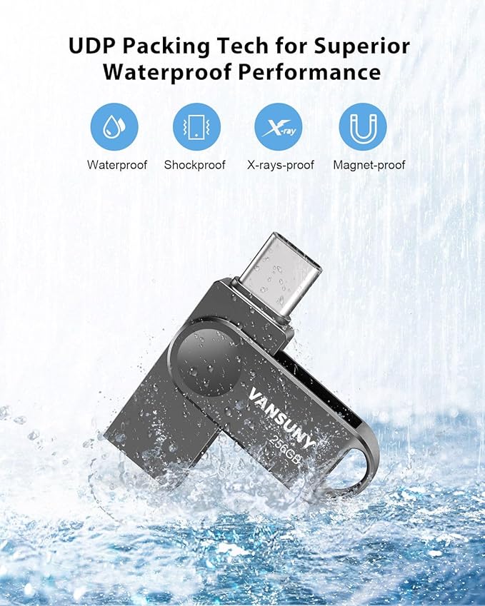 Vansuny 256GB Dual USB Type-C Flash Drive 2 in 1 OTG USB 3.0 Thumb Drive UDP-Tech Waterproof Metal Pen Drive for iPhone 15,Android Smartphones,Tablet,Laptop,PC
