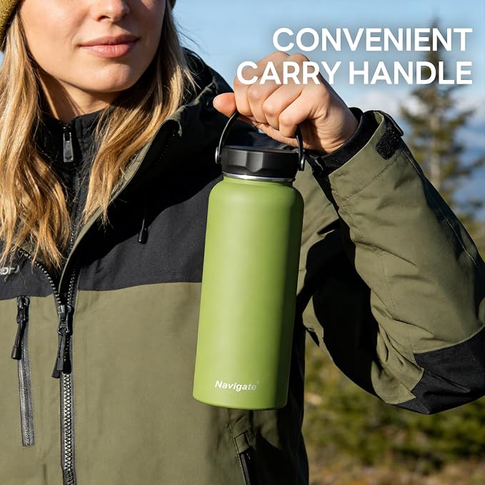 Navigate 40 oz Insulated Stainless Steel Sports Water Bottle with Spout & Handle Lids,Wide Mouth Water Jug with Double Walled Leak Proof Keep Cold for 24 Hrs Hot for 12 Hrs,Dark Green