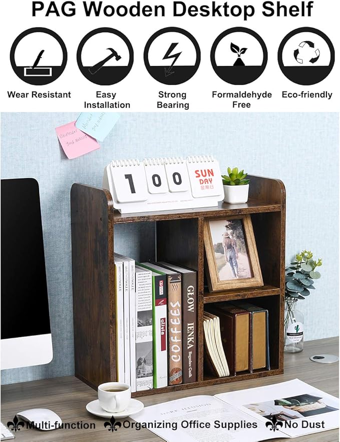 PAG Desktop Shelf Freestanding Wood Small Bookshelf Desk Supplies Organizers and Accessories Storage Display Rack Office Decor for Women, Antique Brown