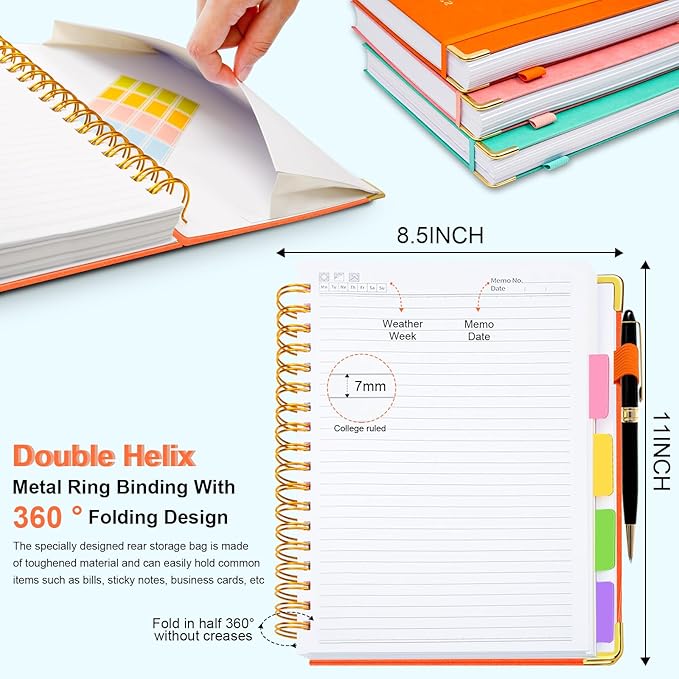 Hardcover Spiral Notebook 8.5"x11" Journal Notebook with Tabs and Removable Dividers 300 Pages 5 Subject Notebook College Ruled, Faux Leather Spiral Bound Notebook for Women School Work (Orange)