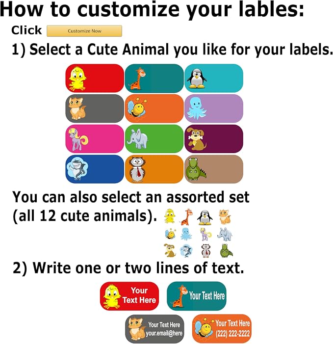 Personalized Labels - Cute Animal Designs. 52 Custom Stickers for School, Daycare and Camp. Waterproof Name Labels Dishwasher and Microwave Safe, Machine Washable. (Cute Animals)