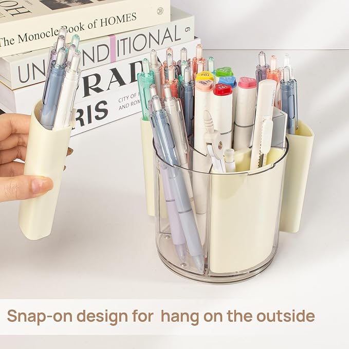 360° Rotating Pen Holder for Desk Adjustable Pencil Organizer, Beige | Plastic Pen Cup for Women Cute Office Supplies and Accessories Desktop Storage Box Art Caddy for School, Work, Home