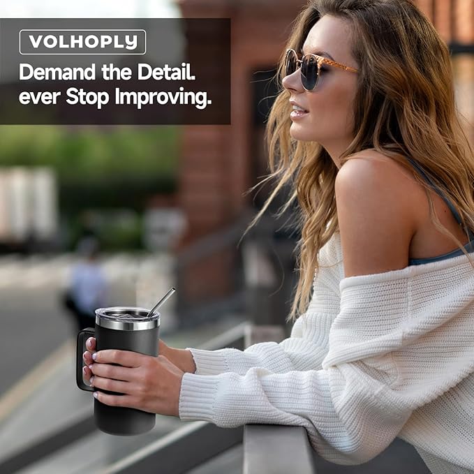 Volhoply 22oz Insulated Stainless Steel Coffee Mugs with Leakproof Lid Bulk 2 Pack,Double Wall Vacuum Travel Coffee Cup with Handle,Reusable Metal Tumbler,Camping Mug Keep Hot&Cold(Assorted,2)