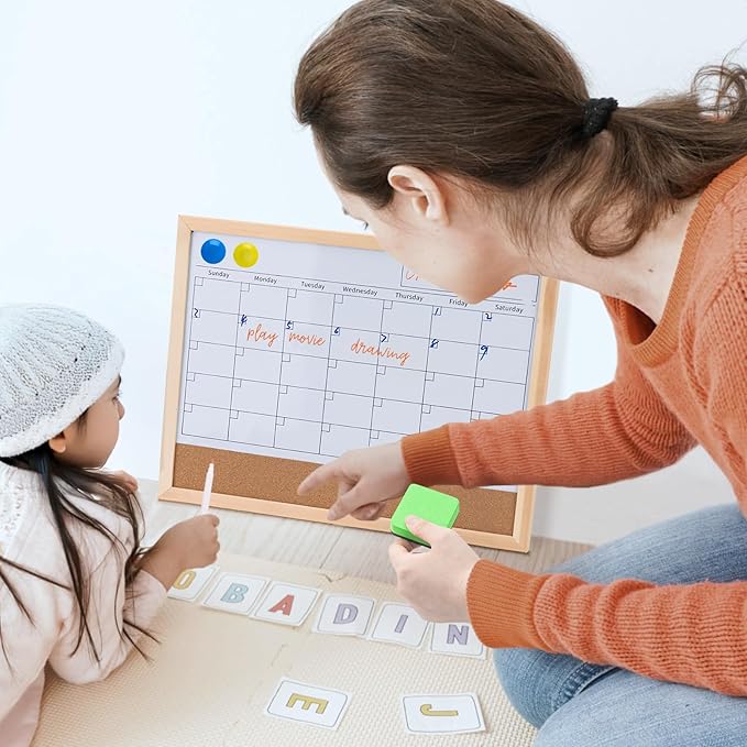 OWLKELA Monthly Dry Erase Calendar with Cork Board for Wall, 17 x 13 Magnetic Bulletin Whiteboard with Wood Frame for Office, Home, School, Kitchen