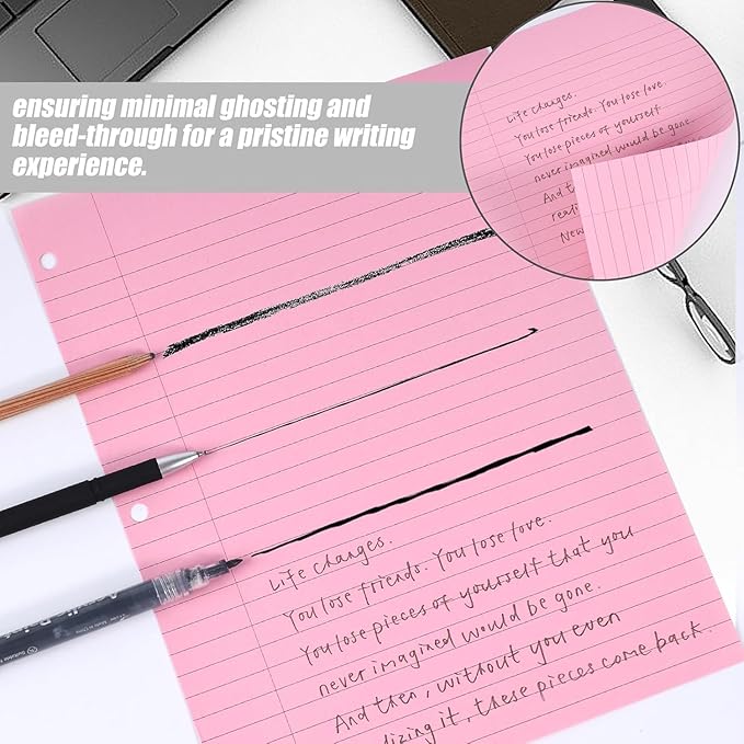 HIBOX Pink Loose Leaf Paper, Pink 100 Sheets 8"x10.5" Wide Ruled Filler Lined Notebook Paper, 3-Hole Punched for 3-Ring Binders Notebook, School & College, Women Girls Writing Work Meeting Note Taking