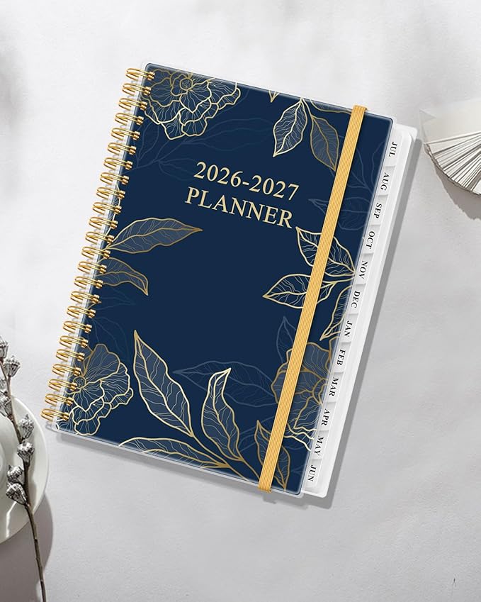 Academic Planner 2026-2027 - Weekly & Monthly Planner from July 2026 to June 2027, Agenda 2026 2027 with Inner Pocket, Elastic Band, 6.4" x 8.5", Blue Gold Leaf