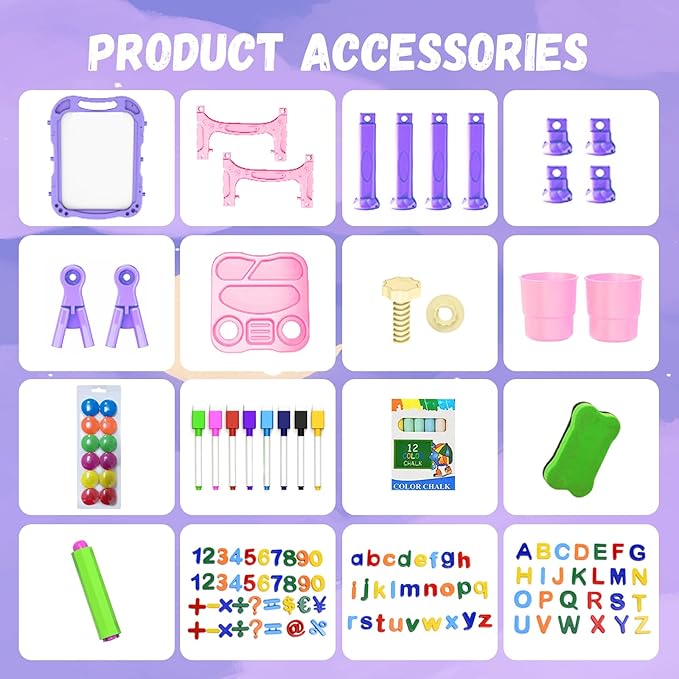 Art Easel for Kids Double Sided Magnetic Drawing Board with Letters & Numbers, Adjustable Standing Easel for Toddlers, Creative Play & Learning Toys for Girls - Purple