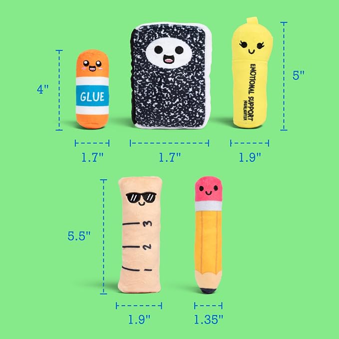 Emotional Support School Supplies Plush by Relatable - Cute Stuffed Animals and Squishy Toys, Fun Back to School Gifts for All Ages and Teacher Gifts - Includes 5 Plushies with Carrying Basket