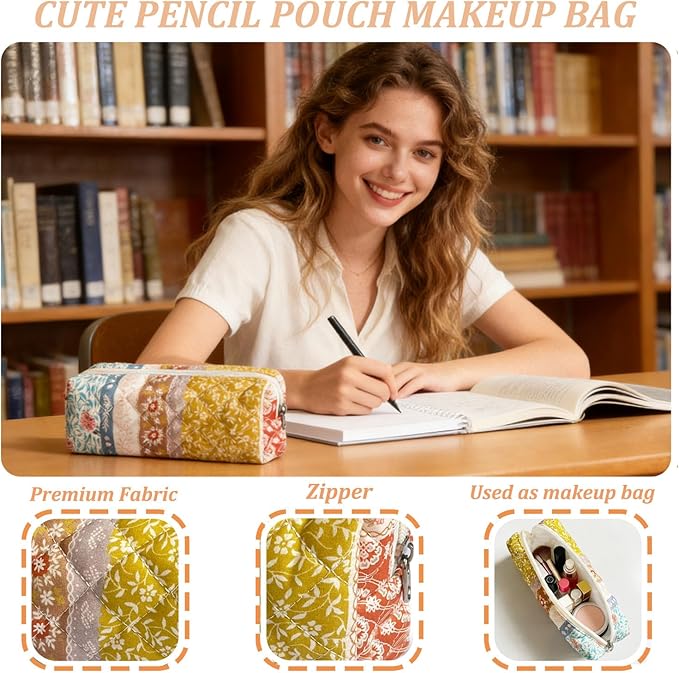 Pencil Pouch Cute Pencil Case Office Storage Bag Holder Box Organizer Aesthetic Bow Flower Pattern Makeup Pouch Cosmetic Bag for Women Girls (CLASSIC)