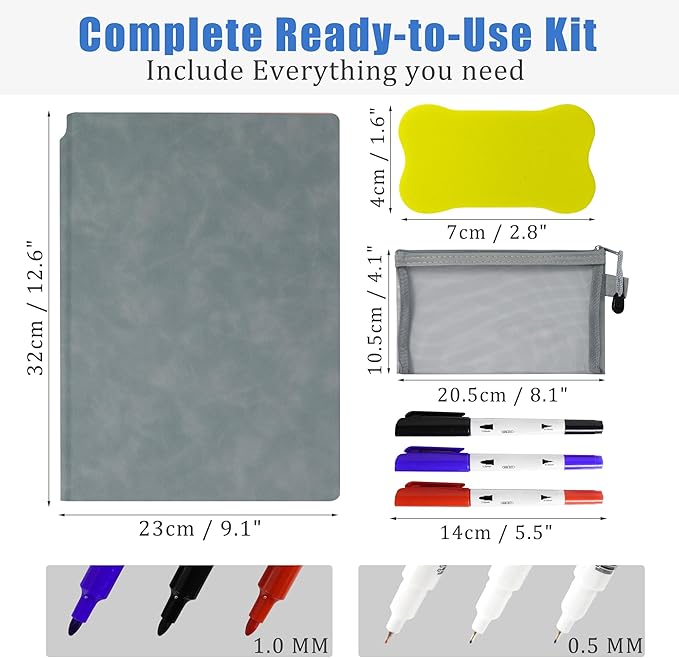 Portable White Board Dry Erase Notebook 12" x 9" (A4), Double Sided Folding Reusable Whiteboard with 3 Markers & 1 Pen Bag, Anti-Ghosting & Anti-Smudg Surface Notebook for Study, Meeting (Blue)
