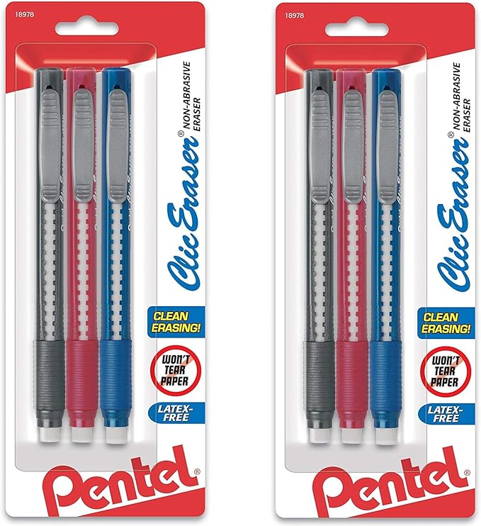 Pentel Clic Retractable Eraser with Grip, 3 Count - Pack of 6