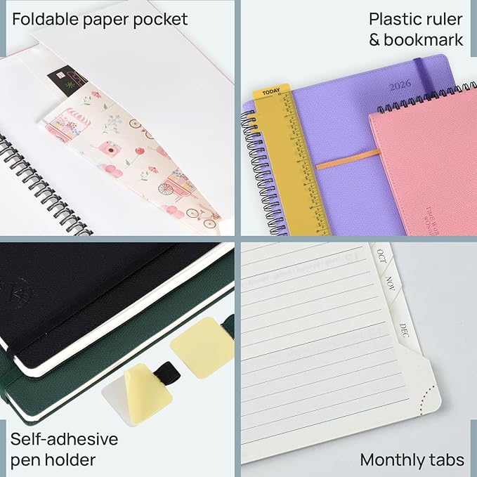 POPRUN 2026 Planner (Jan.-Dec.), Large-8.5" x 10.5", Horizontal Weekly Notebook, 12-Month Calendar Book with Monthly Tabs, Spiral Soft Cover, Inner Pocket, 100 GSM - Lavender