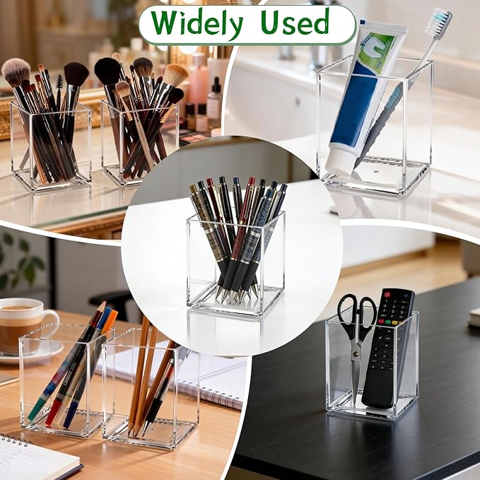 AZUREAL 4 Pack Clear Acrylic Pen Holder Cup, Clear Makeup Brush Holder, Thickened Acrylic Desktop Stationery Organizer for Office, School, and Home Storage