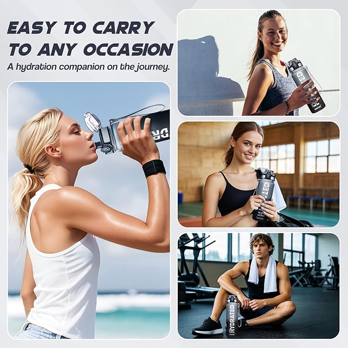 Water Bottle, 32oz Sports Water Bottles with Time Marker Wide Mouth, Motivational and Leakproof Drink Bottle, BPA Free Tritan with Carry Strap for Gym Fitness Outdoor (1 Bottle)