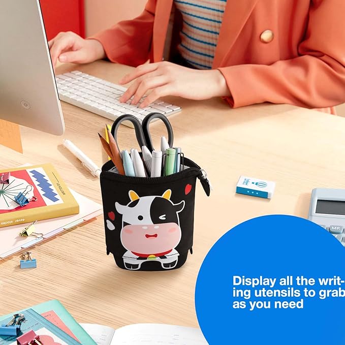 Cute Standing Pencil Case for Kids, Pop Up Pencil Box Makeup Pouch, Christmas Gift Kids Canvas Pen Holder Organizer Cosmetics Bag, Kawaii Stationary (Baby Cow)