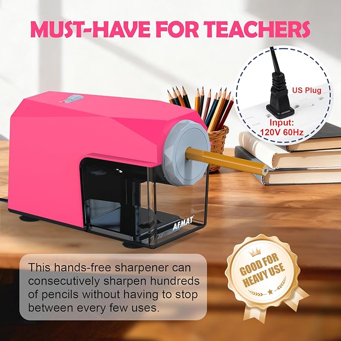 AFMAT Electric Pencil Sharpener, Fast & Hands-Free, 10K+ Uses, 5 Nibs, Fully Automatic Pencil Sharpener for Classroom, Heavy Duty Sharpeners for No.2/Jumbo/Colored Pencils (6.5-10.5mm) US Plug(120V)
