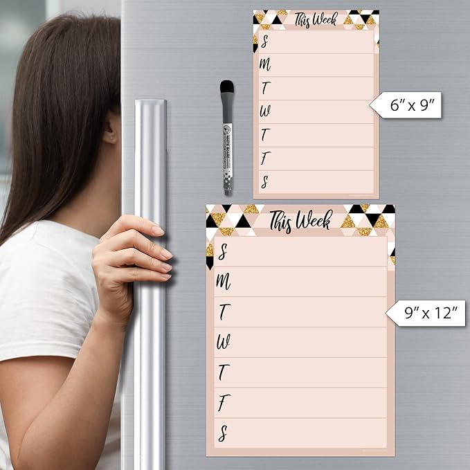Dry Erase Weekly Calendar Planner Sticker Decal | Removable & Reusable | Magnetic Fine-Tip Marker Included (6 x 9 inches, Rose & Gold)