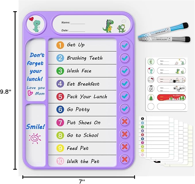 Magnetic Chore Chart for Kids, ADHD Task Tracker Easy-Check Routine Dry Erase Board, to-Do List Planning Tool with Stand for Fridge/Desk/Home/School, 6 Reusable Sheets, 2 Markers Purple