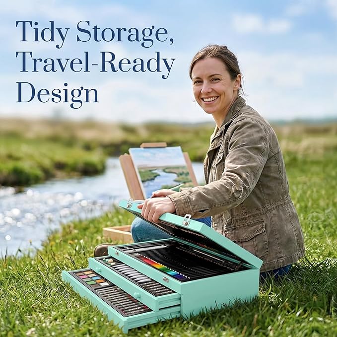 194 Piece Deluxe Art Set, Painting Drawing Art Supplies with 4 Drawing Pads, Acrylic Paints, Crayons, Colored Pencils Set in Wooden Case, Art Kit Gift Box for Kids, Teens, Adults, Artists, Beginners
