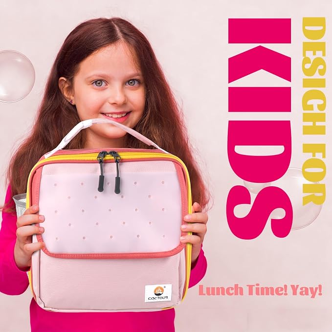 CaCTOUR Lunch Box Kids,Fun Color Lunch Box for Girls,Large Soft Cooler Lunch Bag for Kids,Back to School Thermal Insulated Lunch Tote Bag for School Daycare Outdoor (Pink Red)