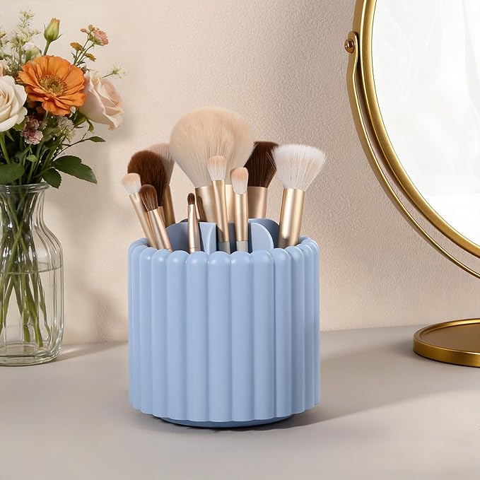 Anyoifax 360° Rotating Pen Holder 7 Slots Desk Organizer Removable Pencil Cup Plastic Art Supplies and Accessories Desktop Storage Box Caddy for Office, School, Home (Blue)