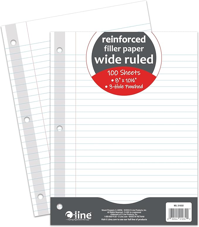 C-Line Reinforced Filler Paper, Wide Ruled, White, 100/PK (21032) (Pack of 2)