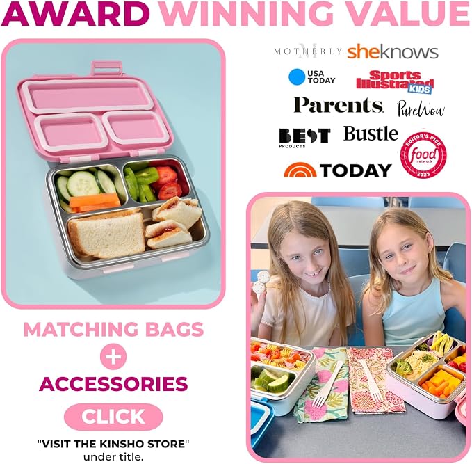kinsho Stainless Steel Bento Box Lunch Container for Kids Adults, Pink | Heavy Duty, Leakproof Silicone Seals, Eco Metal Removable Tray, Easy-Clean Design, for School or Work Meals, 26 Oz/790 mL