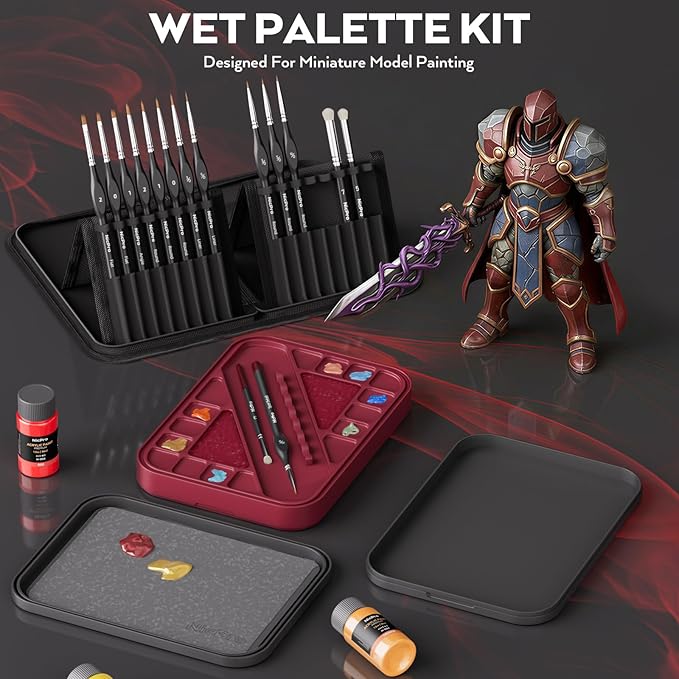 Nicpro Professional Miniature Painting Kit, Stay Wet Palette & 16PCS Detail Paint Brushes Drybrush with Nylon Bag, 100PCS Pallet Paper, 4PCS Sponge, Mixing Paint Saver Palette for Miniature Model