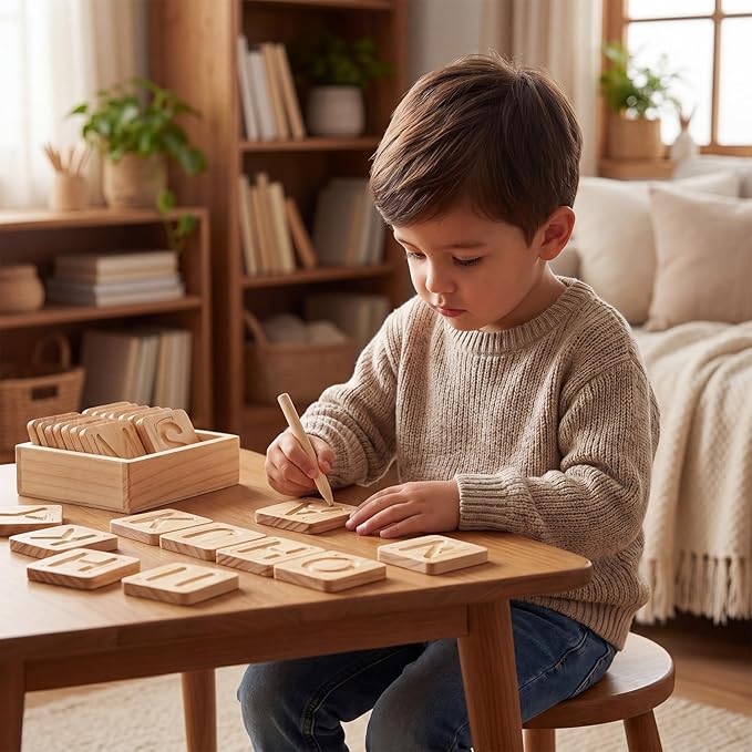 Alphabet Tracing Board for Kids Montessori Wooden Letter Tracing Set, 26 Double Sided Uppercase & Lowercase Boards with Arrows, Handwriting Practice Toy with Stylus & Storage Box