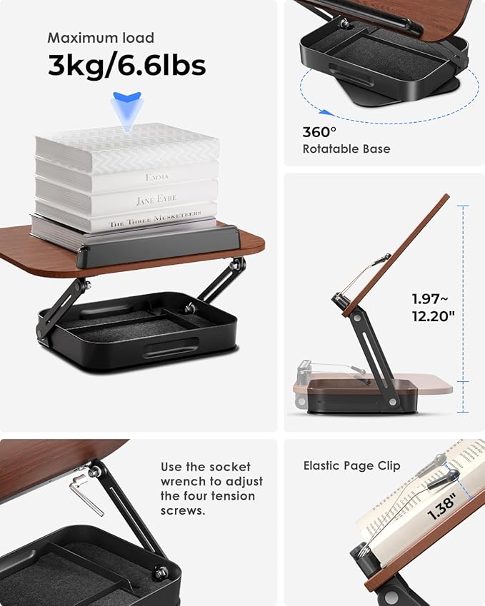 Viozon 360° Rotating Ergonomic Book Stand for Reading - Adjustable Wood Book Holder for Neck Pain Relief, for Heavy Textbooks & Cookbooks, No-Assembly Hands-Free Stand for Students & Home Office