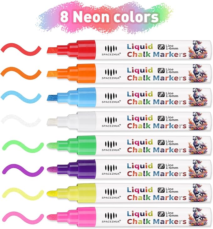 Liquid Chalk Markers with 6mm Reversible Tips 8 Colors Dry & Wet Erase Pens, Neon Chalk Markers for Blackboard Whiteboard Chalkboard Mirror Glass Window Cars