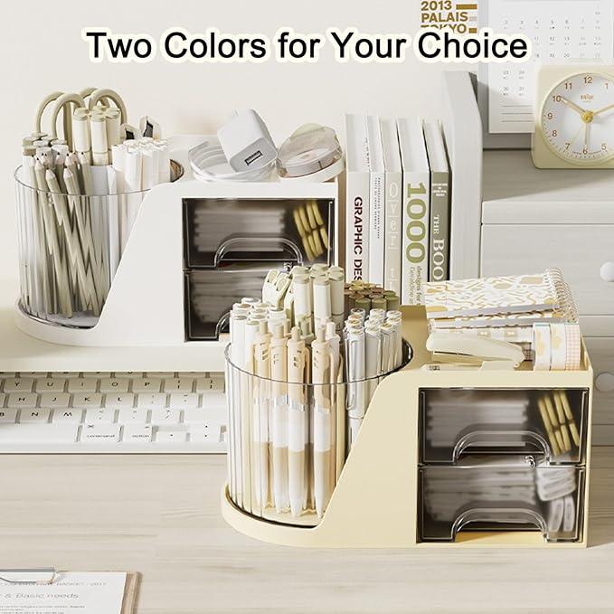 SAYEEC Rotating Desk Organizer with 2 Drawer, 6 Slots Multi-Functional Pencil Pen Holder, Desktop Makeup Organizer Stationery Accessories Storage Box Caddy for Office School Home Art Supplies (Beige)