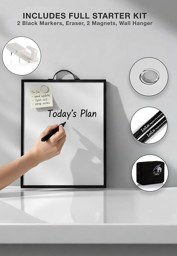 Magnetic Dry Erase Board 12x16 with Handle, Double Sided Portable Black Whiteboard for Home, Office, School & Kitchen