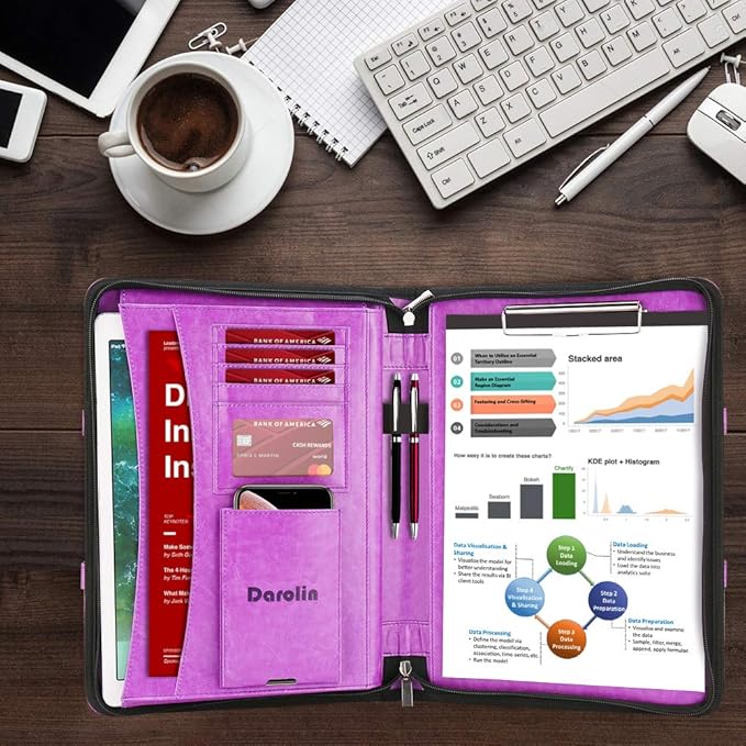 Darolin Vegan Leather Padfolio Portfolio with Handle & Clipboard, Zippered Business Portfolio Organizer for Meetings, Interviews & Travel, Fits A4 & Letter Size, Padfolio for Men Women (Purple)