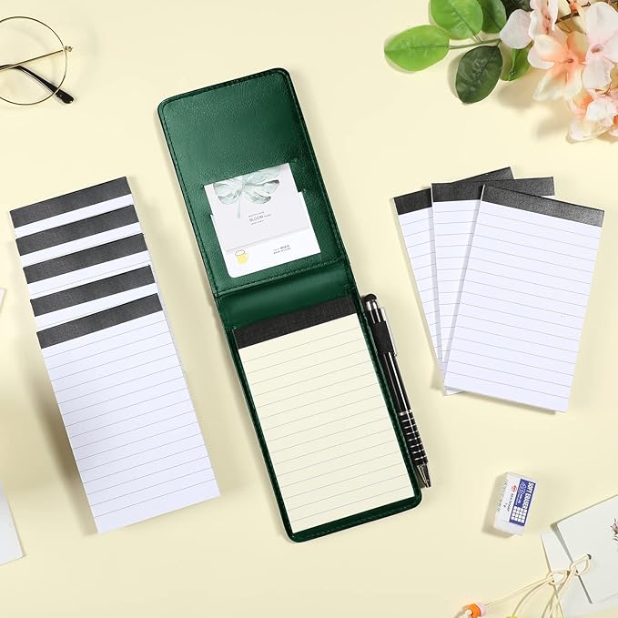 Outus 10 Pcs Mini Pocket Notepad Holder Set Included Small Leather Pocket Notebook Holder with 50 Lined Sheets, Metal Pen, 8 Pcs 3 x 5 Inch Memo Book Refills, 30 Lined Paper Per Note Pad (Green)